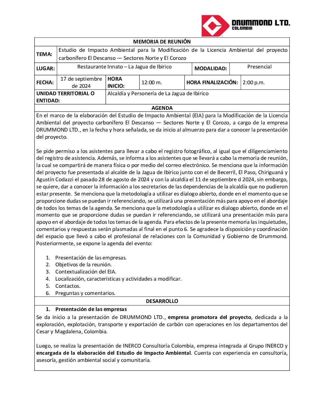 Socialización EIA Alcaldía – Personería – La Jagua de Ibirico
