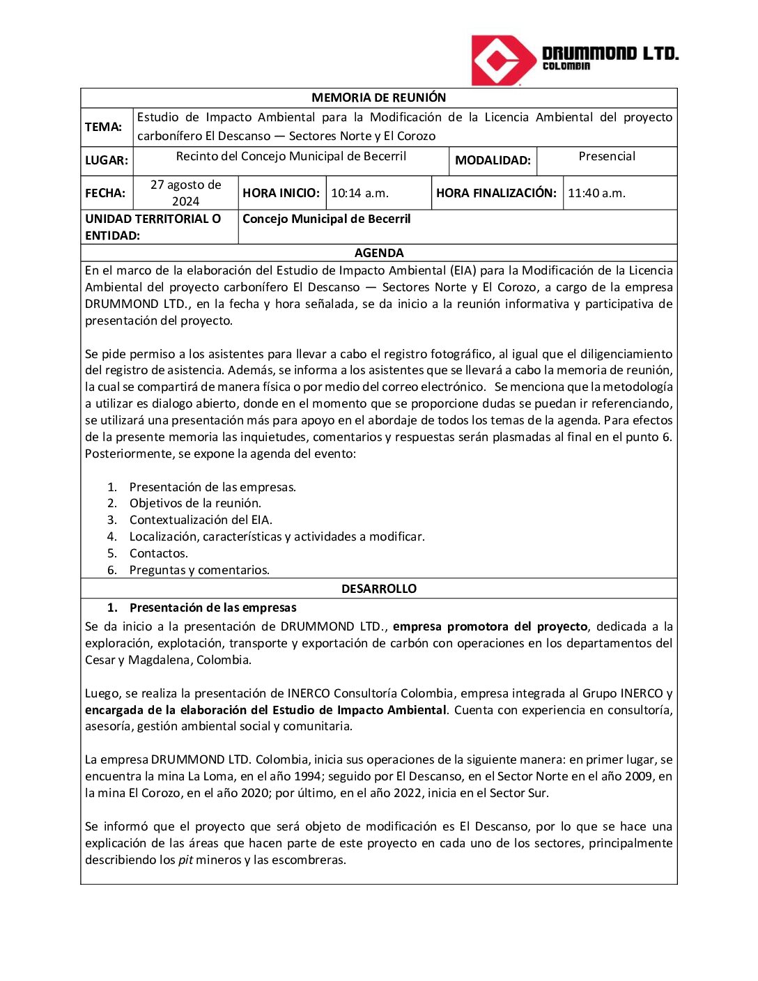 Socialización EIA Consejo – Becerril