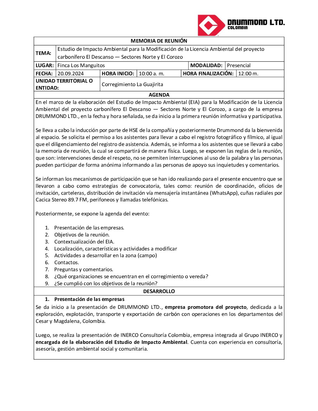 Socialización EIA Corregimiento La Guajirita