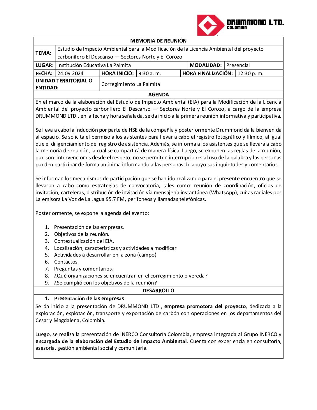 Socialización EIA Corregimiento La Palmita