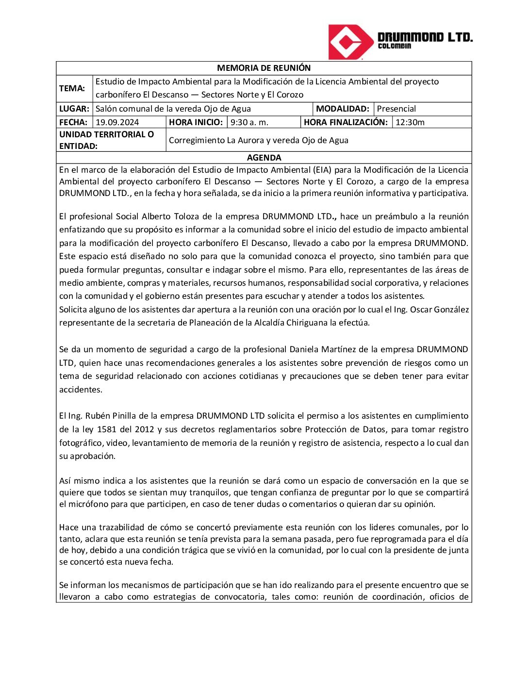 Socialización EIA Corregimiento La Aurora