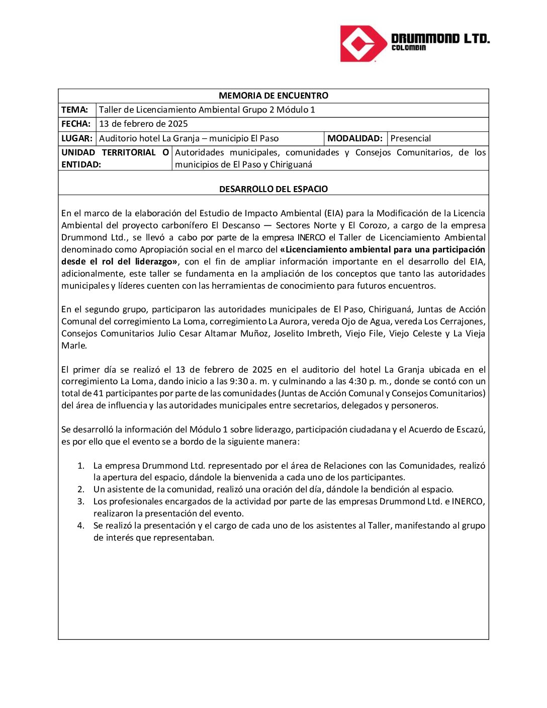 Memoria Modulo 1: La Loma – Chiriguana