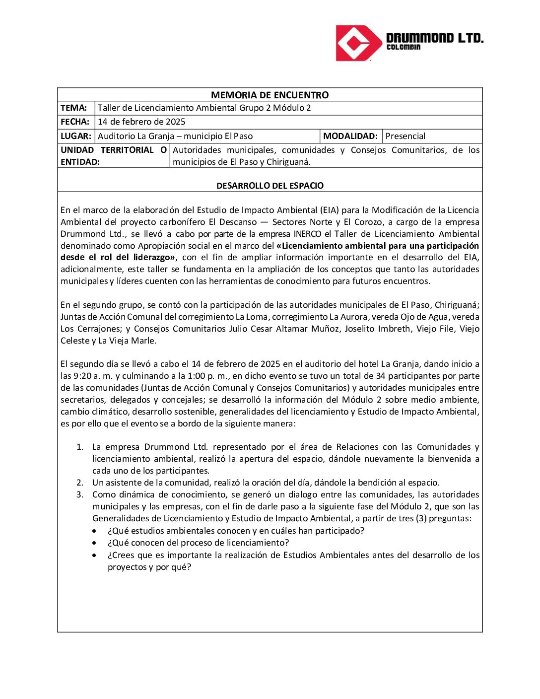 Memoria Modulo 2: La Loma – Chiriguana