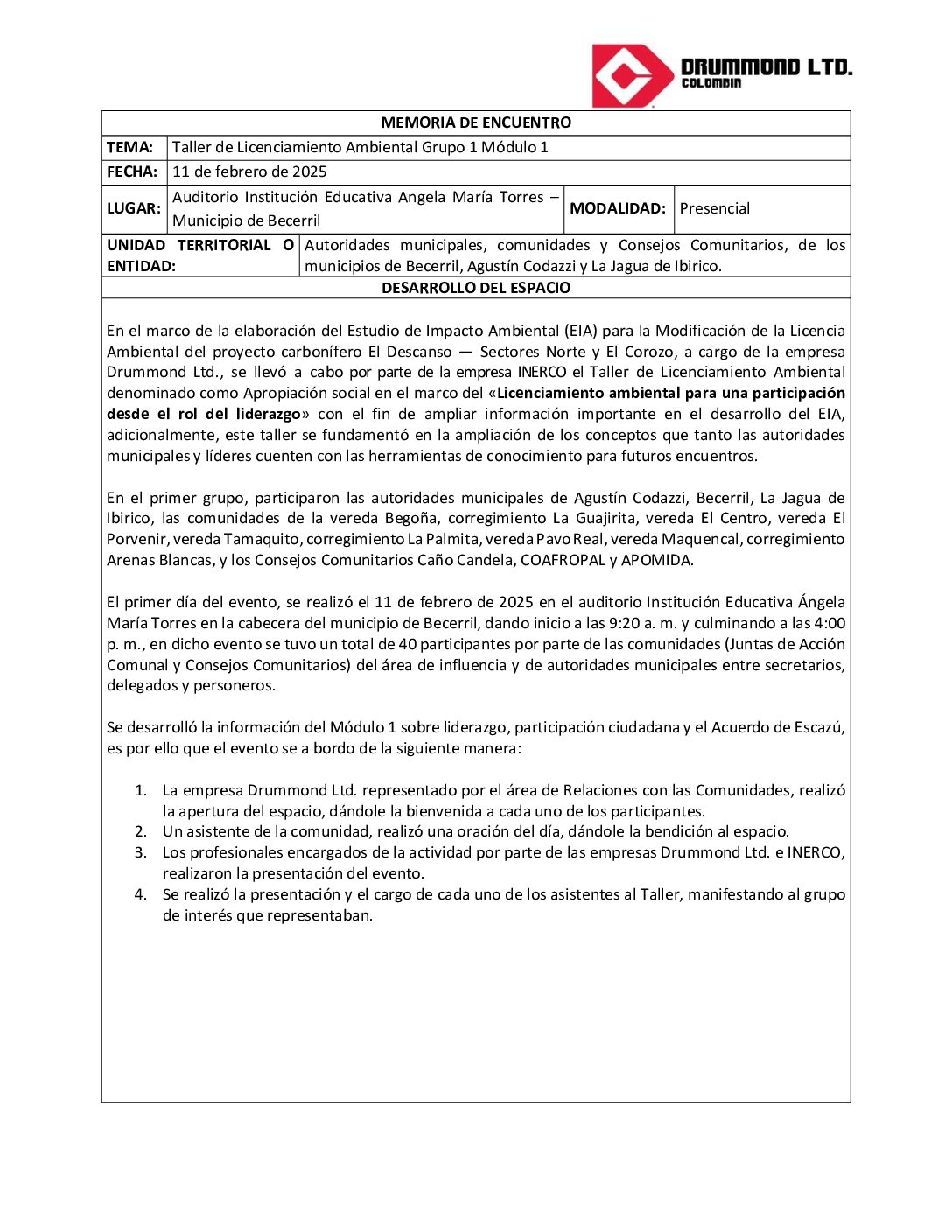 Memoria Modulo 1: Agustin Codazzi – Becerril – La Jagua de Ibirico